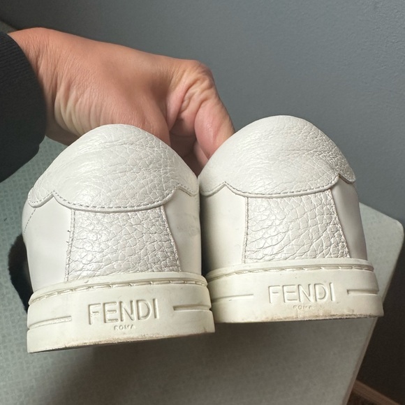 FENDI FF logo motif shearling fur panel leather sneakers, sz 8 - Picture 3 of 10